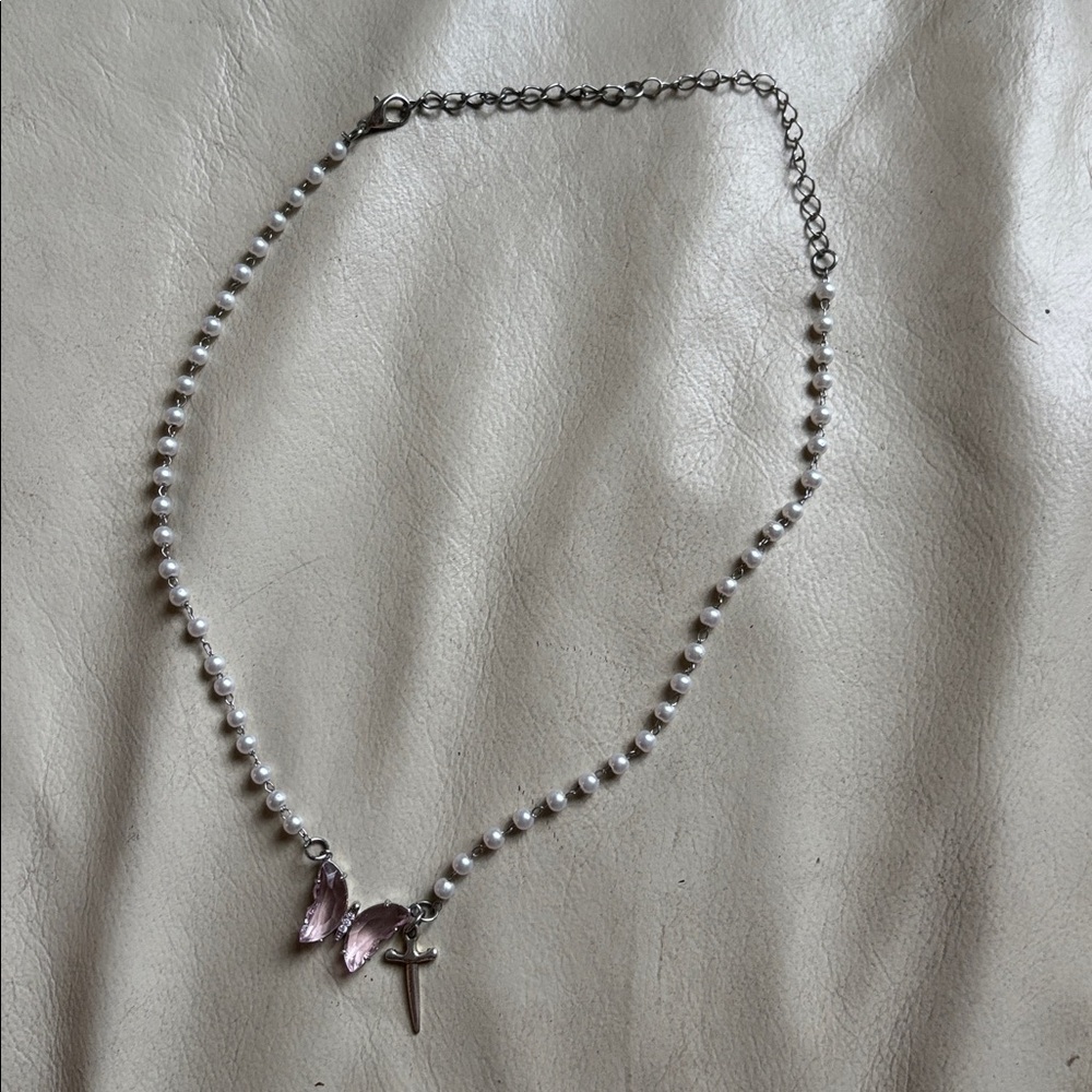 Faux Pearl Necklace with Pink Butterfly and Cross Charms